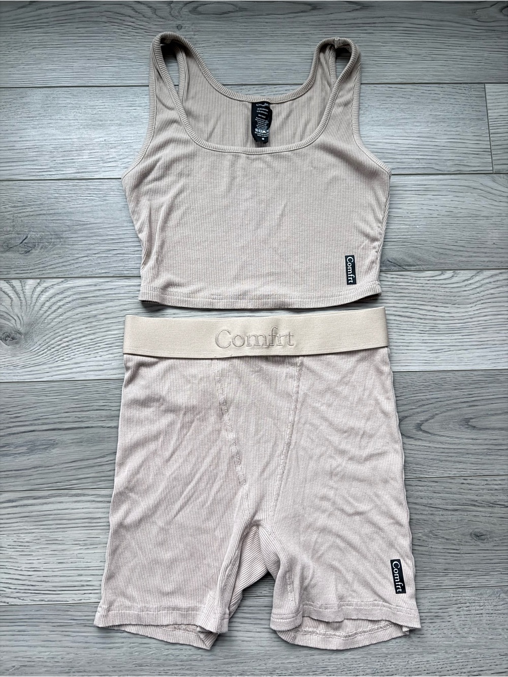 Comfrt Rib Contour Tank and High-Waist Shorts/Boxer Set - Cream size medium